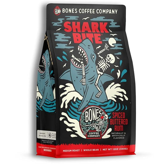 Bones Coffee Company Shark Bite, Buttered Rum Flavored Coffee, Medium Roast Low Acid Arabica Beans