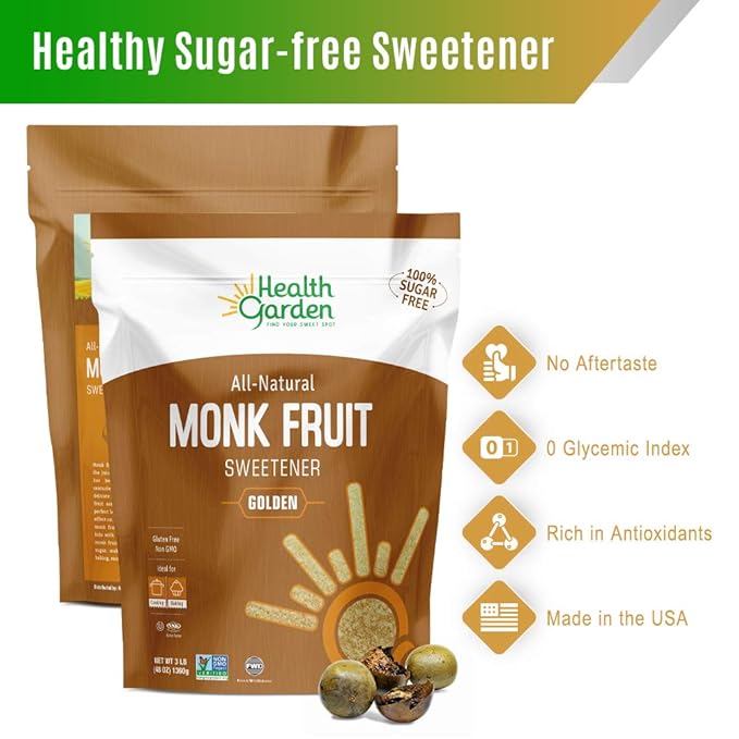 Health Garden Monk Fruit Sweetener, Golden- Non GMO - Gluten Free - 1:1 Sugar Substitute - Kosher