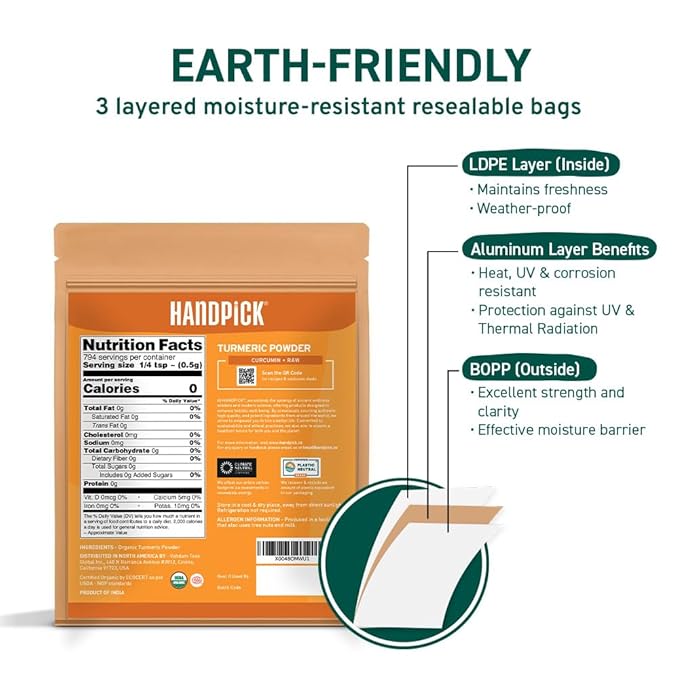HANDPICK, Organic Turmeric Powder with Curcumin (397g/14oz) Gluten Free | Made from Turmeric Root |