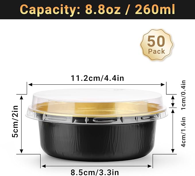 Beasea Disposable Ramekins with Lids, 50 Pack 8.8oz 260ml 4 Inch Disposable Aluminum Foil Cups