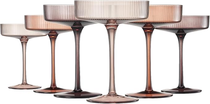 Khen Venus Colors 6 Pcs Ribbed Coupe Glasses, 10 oz Vintage Coupe Glass Set, Unique Martini Glass