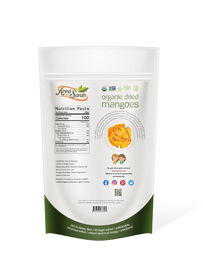 Anna and Sarah Dried Organic Mango, No Sugar Added, No Preservatives, Al-Natural, Premium Quality