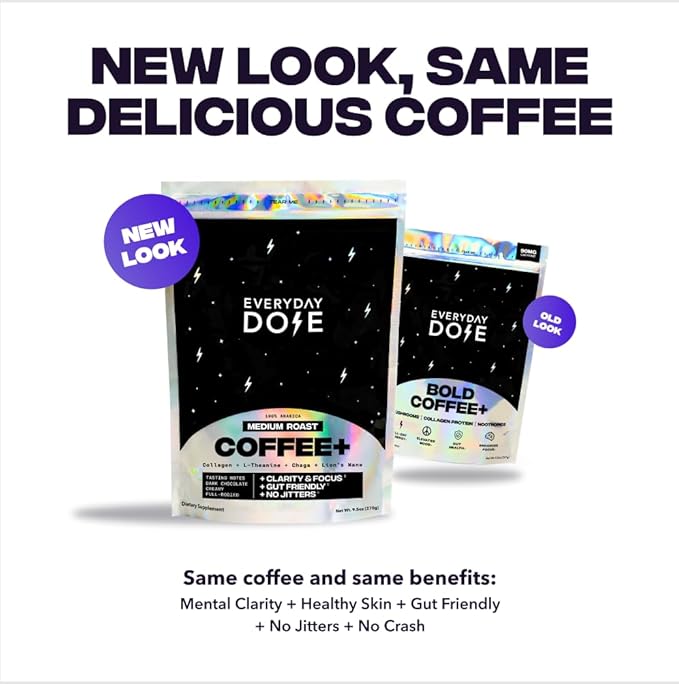 Everyday Dose Bold Medium Roast Mushroom Coffee 90mg Caffeine per serving with Grass-Fed Collagen