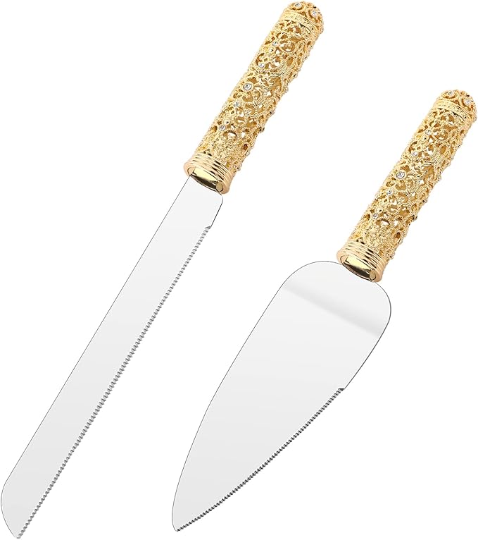 Gold Cake Knife and Server Set - 2 Piece Dessert Set Metal Handle with Crystal Stones Decoration