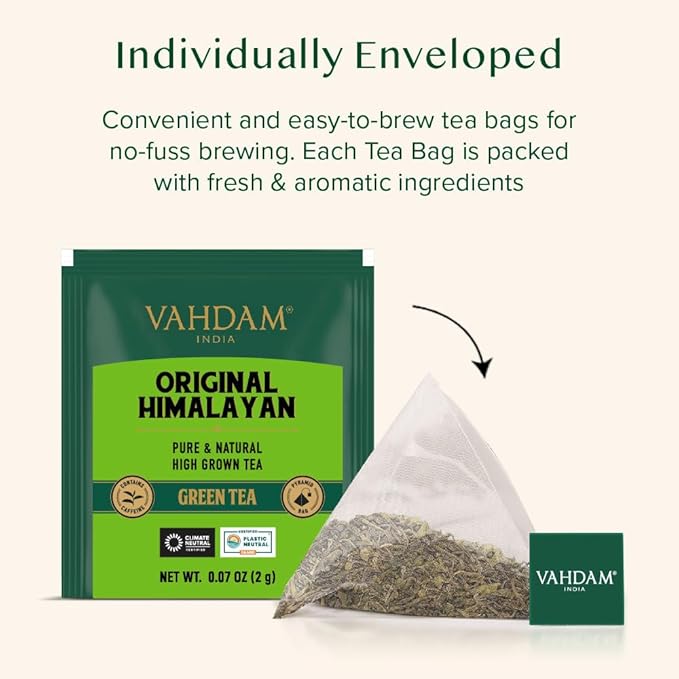 VAHDAM, Himalayan Green Tea (30 Count) High Grown, Non GMO, Gluten Free, Med Caffeine | Earthy &
