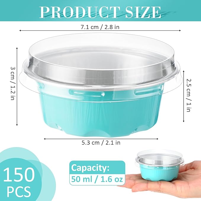 Eaasty 150 Pcs Baking Cups with Lids, 1.6 oz Muffin Cupcake Liners Aluminum Foil Mini Cake Pans