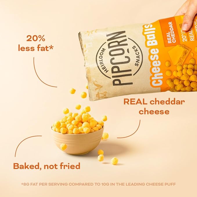 Heirloom Cheddar Cheese Balls by Pipcorn - 4.5oz 6 Pack - Gluten Free, Non-GMO Heirloom Corn
