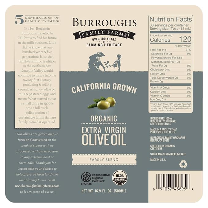 Burroughs Family Farms Premium Organic Extra Virgin Olive Oil ??Cold-Pressed California EVOO