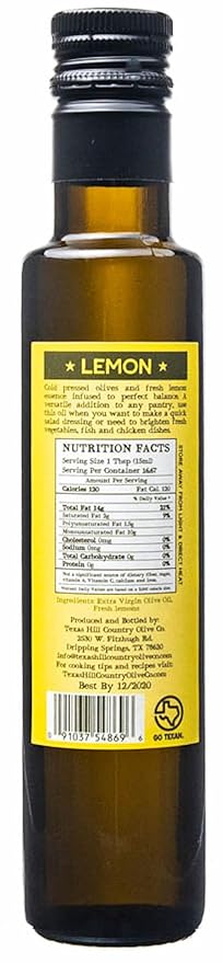Texas Hill Country Olive Co Lemon Infused Olive Oil - Cold Pressed Gourmet EVOO Olive Oil - Great