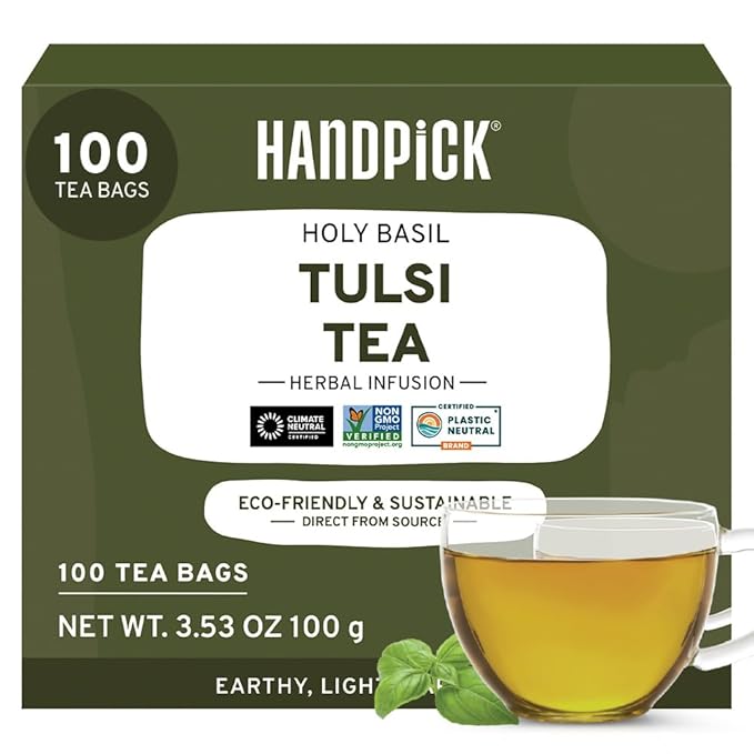 HANDPICK, Holy Basil Tea Bags (100 Count) Caffeine Free, Non-GMO Tulsi Leaves- Tulsi Tea | Round
