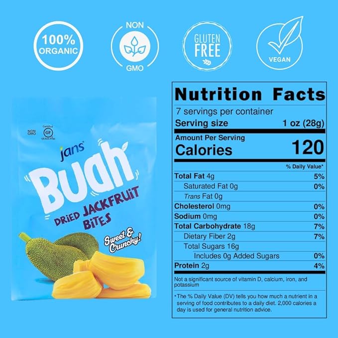 Jackfruit Chips 7 Oz | Jans Buah Dried Jackfruit Chips, Gluten-Less Fruit Snack, Authentic Fruit
