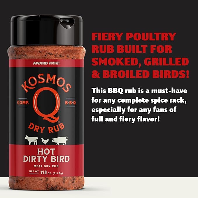 Kosmos Q Hot Dirty Bird BBQ Dry Rub, Spicy Seasoning with Chili Pepper, Brown Sugar, Garlic & Onion