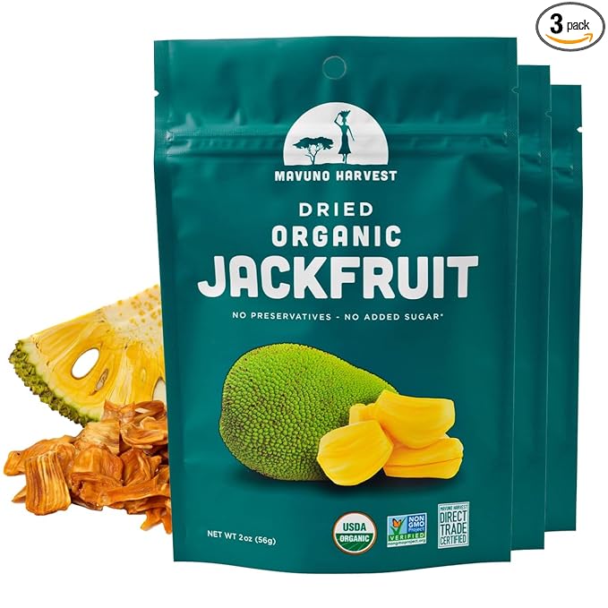 Mavuno Harvest Jackfruit Dried Fruit Snacks | Unsweetened Organic Dried Jackfruit Chips | Gluten