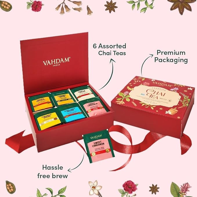 VAHDAM, Assorted Chai Tea Variety Pack (6 Delicious Flavors, 36 Eco Friendly Pyramid Tea Bags)