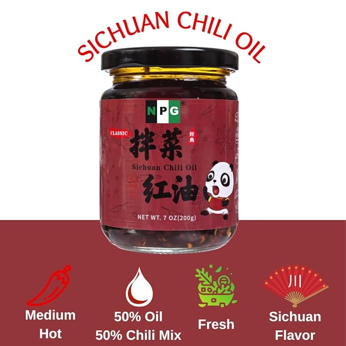 NPG Sichuan Chili Crisp Oil 7 oz, Chili Crunch Sauce with Medium Hot for Noodle, Rice, Egg