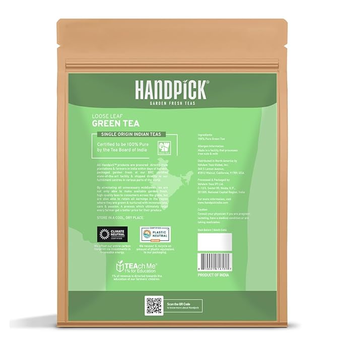 HANDPICK, Green Tea Loose Leaf (255g/9oz) +100 Cups | Non-GMO, 100% Pure Green Tea Leaves Sourced