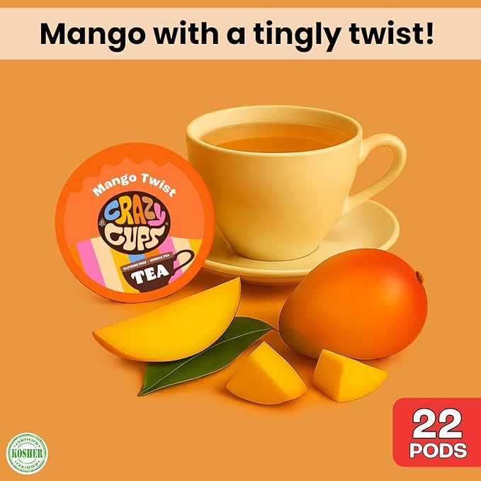 Crazy Cups Mango Twist Herbal Tea Pods, 22 Count | Caffeine Free, Kosher Certified, Fruity Tropical