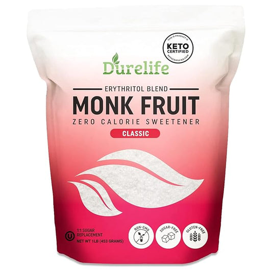 Durelife Monk Fruit Sweetener, Sugar Substitute, Keto Diet Friendly, Zero Calorie, White Sugar