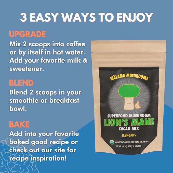 Malama Organic Mushroom Hot Cacao Mix, Lion's Mane Mushroom Powder with Fair Trade Cacao for Focus