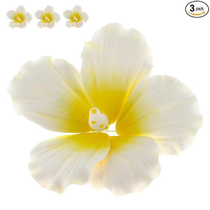 Global Sugar Art Hibiscus Sugar Cake Flowers, White with Yellow, Hawaiian Cake Flower Large 3 Count