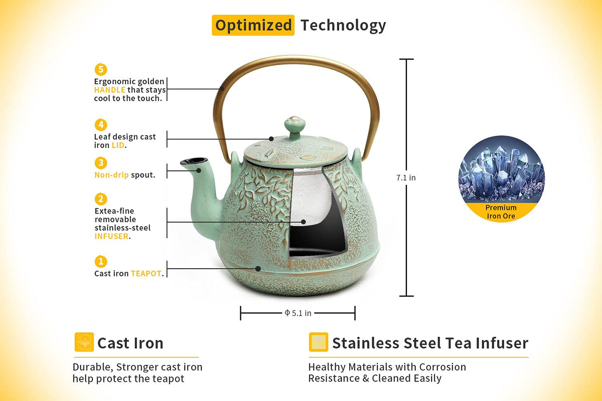TOPTIER Japanese Teapot with Stainless Steel Infuser, Cast Iron Tea Kettle Stovetop Safe, Leaf