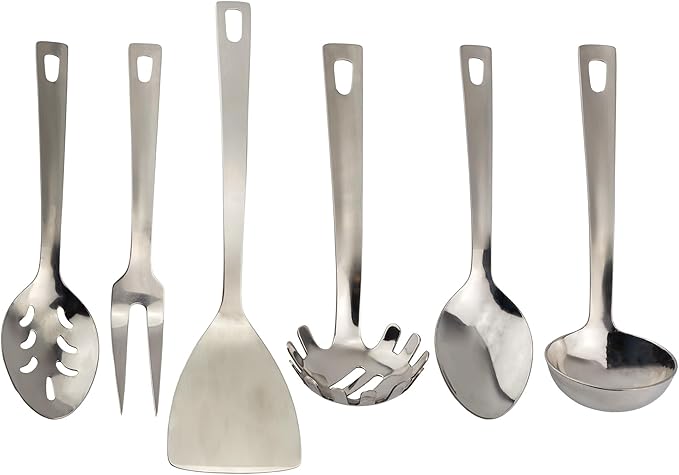 Darware Complete Serving Set (6-Piece, Silver); w/Pasta Server, Fork, Slotted Spoon, Ladle, &