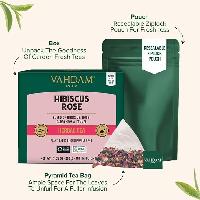 VAHDAM, Hibiscus Rose Tea Bags - 100% Whole Hibiscus Flowers Herbal Tea Bags (100 Count) With Rose