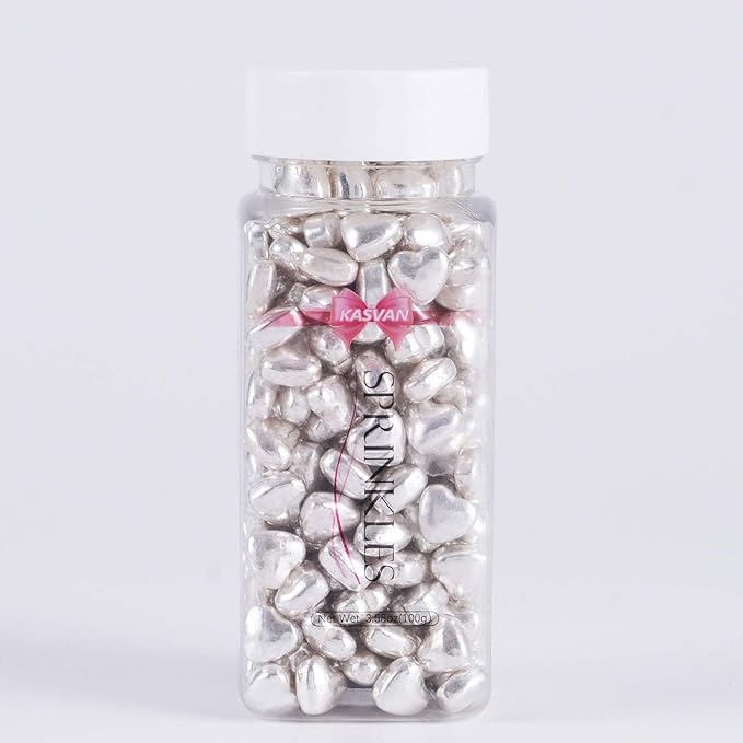 Kasvan Silver Heart Shapes Sprinkles - Edible Candy Pearls 100g/3.58 Oz, Mix Size, Baking Cake