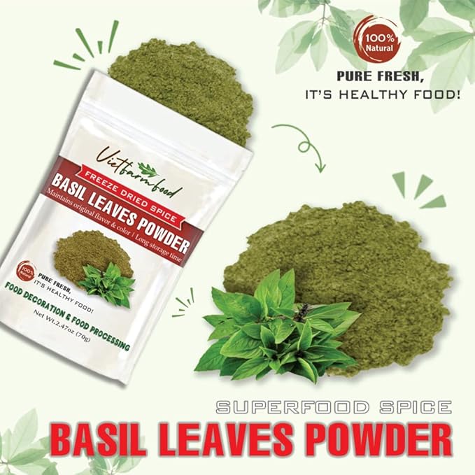 BASIL LEAVES POWDER 2.47 Oz (70g) VIETFARMFOOD: Pure, natural freeze-dried spice made from real