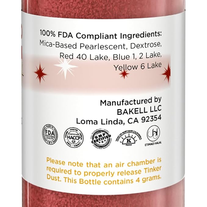 Bakell - Burgundy Red Tinker Dust (4g, 1x Mini Spray Pump) Edible Glitter for Food, Desserts, and