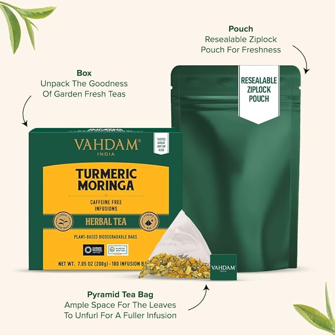 VAHDAM, Turmeric Moringa Tea Bags (100 Herbal Tea Bags) Caffeine Free, Non GMO | 100% Pure Herbal