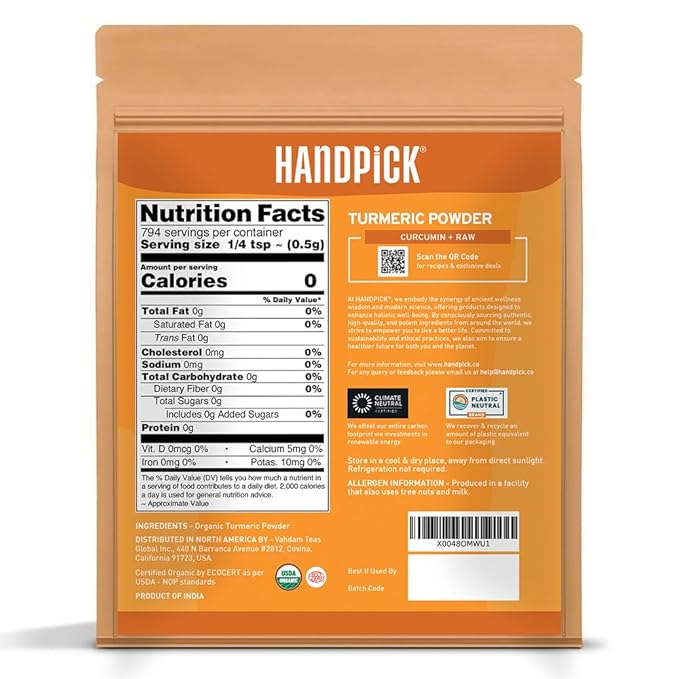 HANDPICK, Organic Turmeric Powder with Curcumin (397g/14oz) Gluten Free | Made from Turmeric Root |