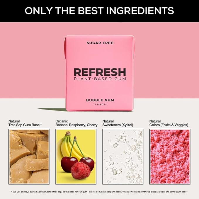 Refresh Gum, Xylitol, Sugar Free, Natural, Long Lasting Chewing Gum, Natural Flavors & Organic