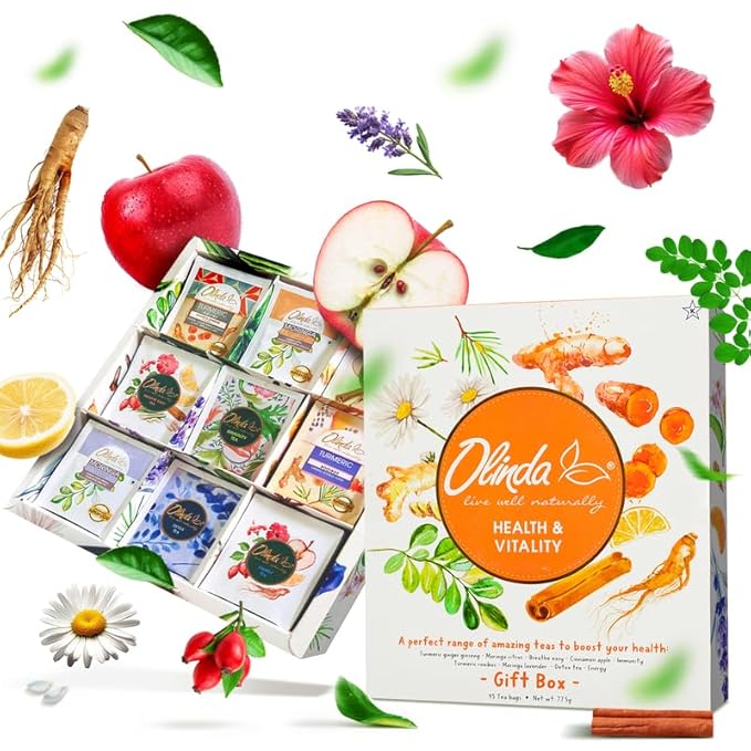 Olinda Health & Vitality Tea Gift Box Tea Samplers Organic Tea Bags Low Caffeine Detox Energy Tea