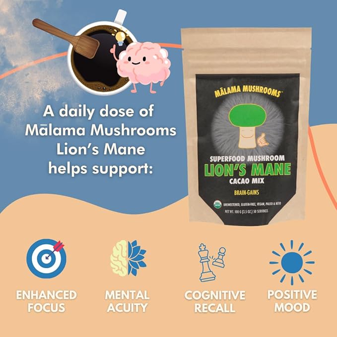 Malama Organic Mushroom Hot Cacao Mix, Lion's Mane Mushroom Powder with Fair Trade Cacao for Focus