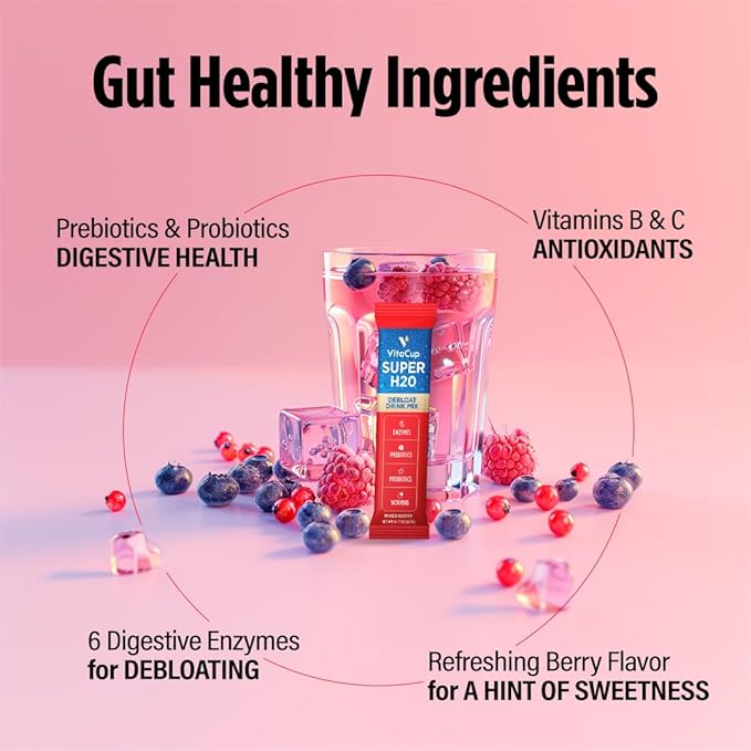 VitaCup Super H2O Bloating Relief and Digestive Health Drink Mix Packets, Probiotics, Prebiotics, C