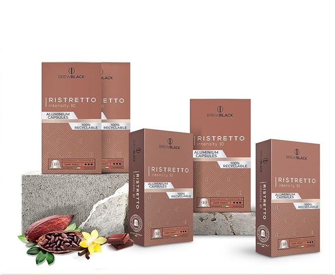 BrewBlack Ristretto Coffee Capsules - 50 Aluminum Coffee Pods Compatible with Nespresso Original