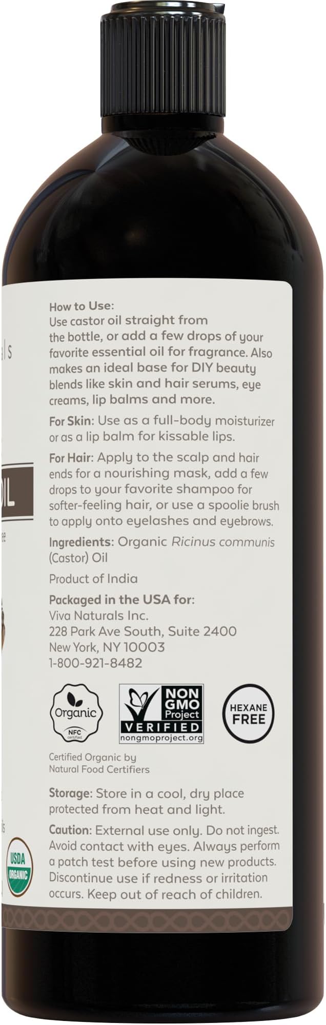 Viva Naturals Cold pressed Organic Castor Oil 16 fl oz - Castor Oil for Face, Eyelashes