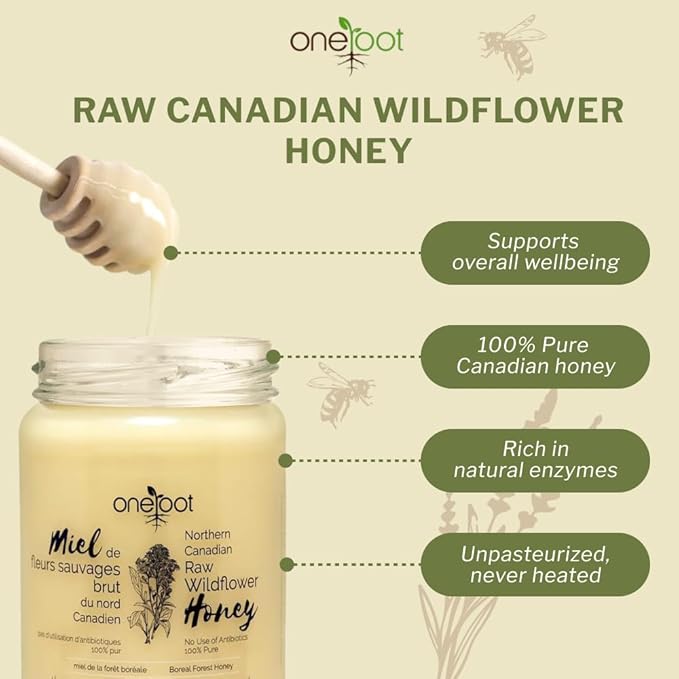 Oneroot 100% Canadian Flower Honey - Honey Wildflower Unfiltered, Unheated & Creamed, Nutrient Rich