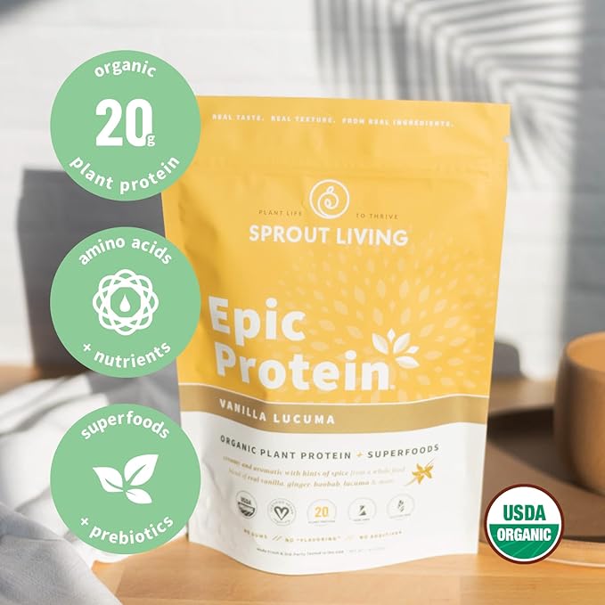 Sprout Living Epic Protein, Plant Based Protein & Superfoods Powder, Vanilla Lucuma Powder | 20