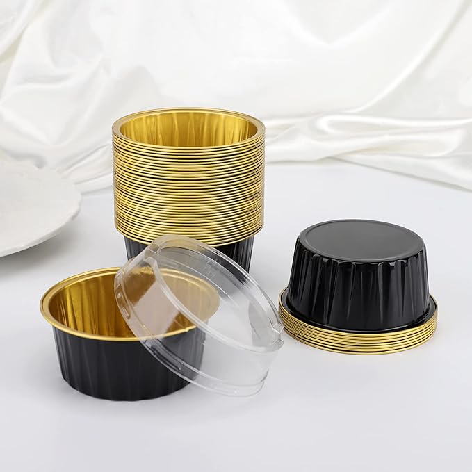 EUSOAR Disposable Creme Brulee Ramekins, 60pcs 5oz Cupcake Liners with Lids Aluminum Foil Baking