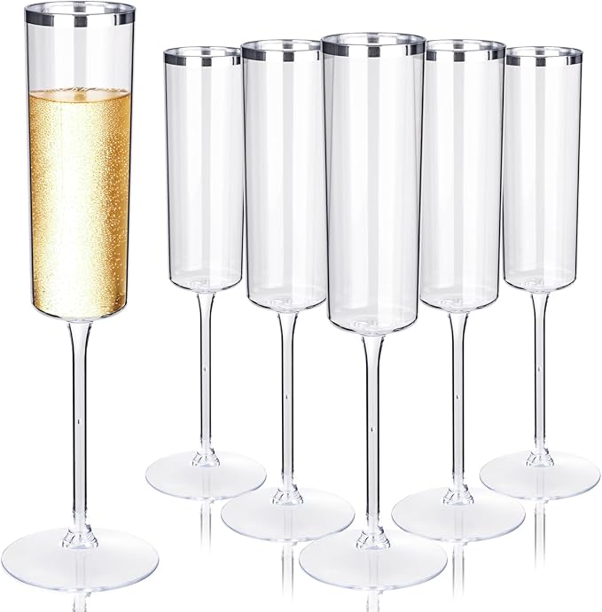 Ciaell 24 Pack Silver Plastic Champagne Flutes - 6 Oz Disposable Champagne Glasses - Square Silver