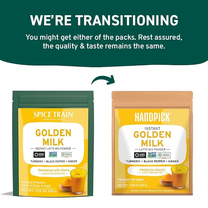 HANDPICK Golden Milk Powder with Turmeric - (7oz, 80 servings) Instant Latte Mix | Blend of Ginger