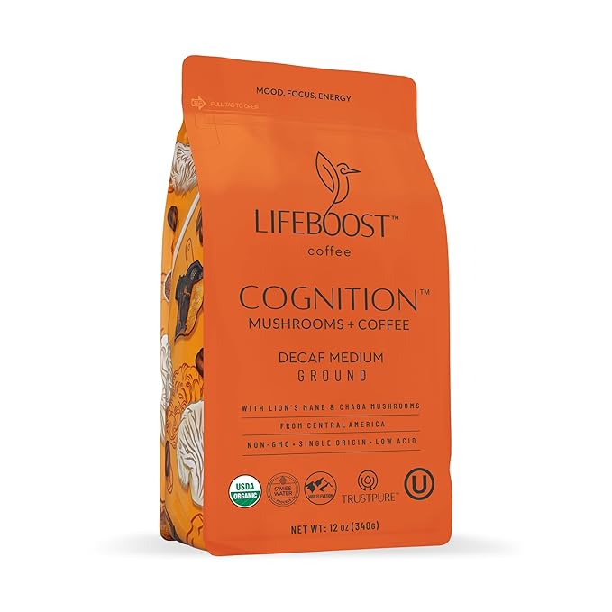 Lifeboost Cognition Decaf Mushroom Coffee - Low Acid Decaf Medium Organic Coffee with Lions Mane &