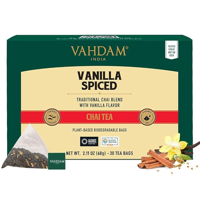 VAHDAM, Vanilla Chai Tea Bags (30 Count) High Caffeine, Non GMO, Gluten Free | Individually
