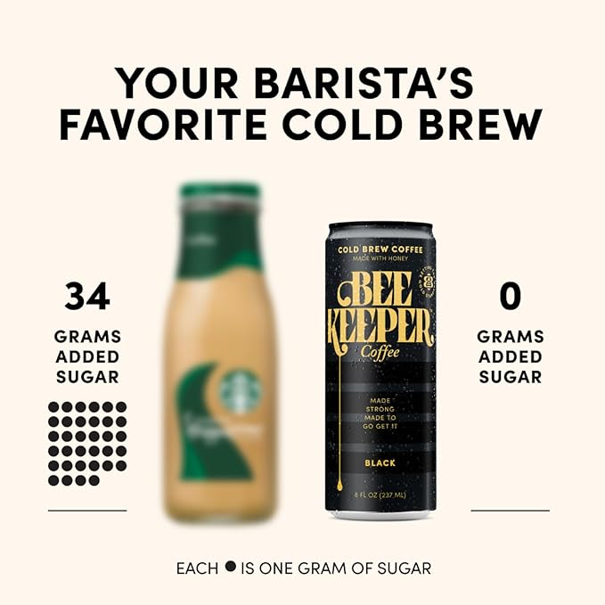 Beekeeper Coffee Black Cold Brew with Oregon Honey, 8 fl oz cans (Pack of 12), Ready-to-Drink