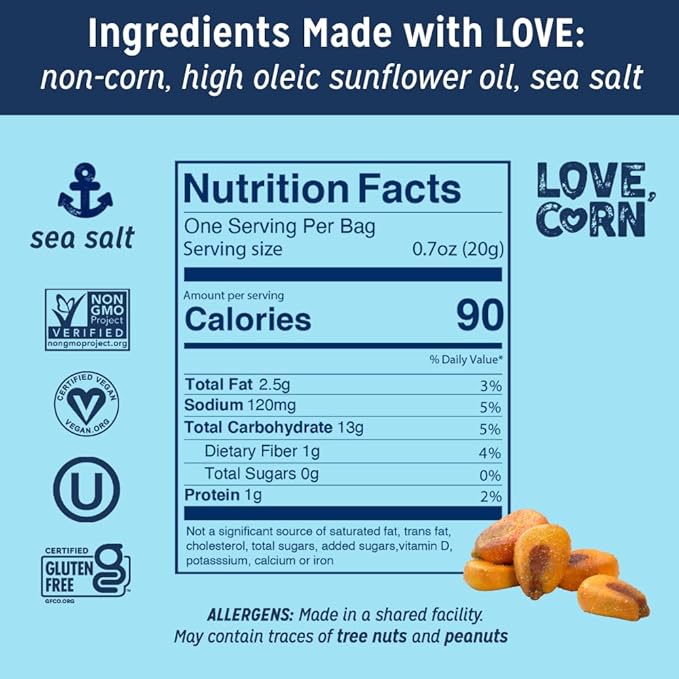 LOVE CORN Sea Salt 0.7oz x 20 Bags - Delicious Crunchy Corn - Healthy Family Snacks - Gluten Free