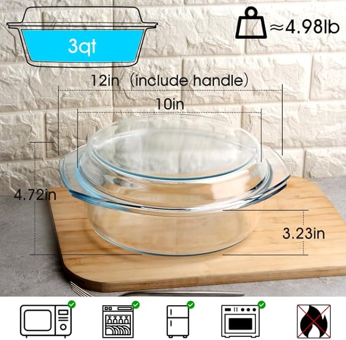 NUTRIUPS 3QT Round Glass Casserole Dish with Lid, Tempered Glass, 10inch Large Glass Microwave