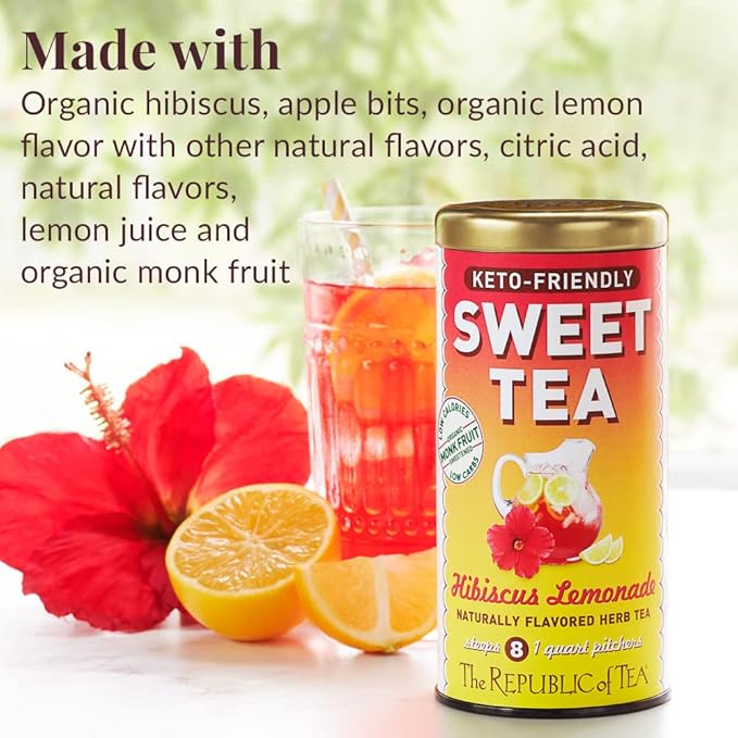 The Republic of Tea – Keto-Friendly Sweet Iced Hibiscus Lemonade Herbal Tea, 8 Large Quart-Sized