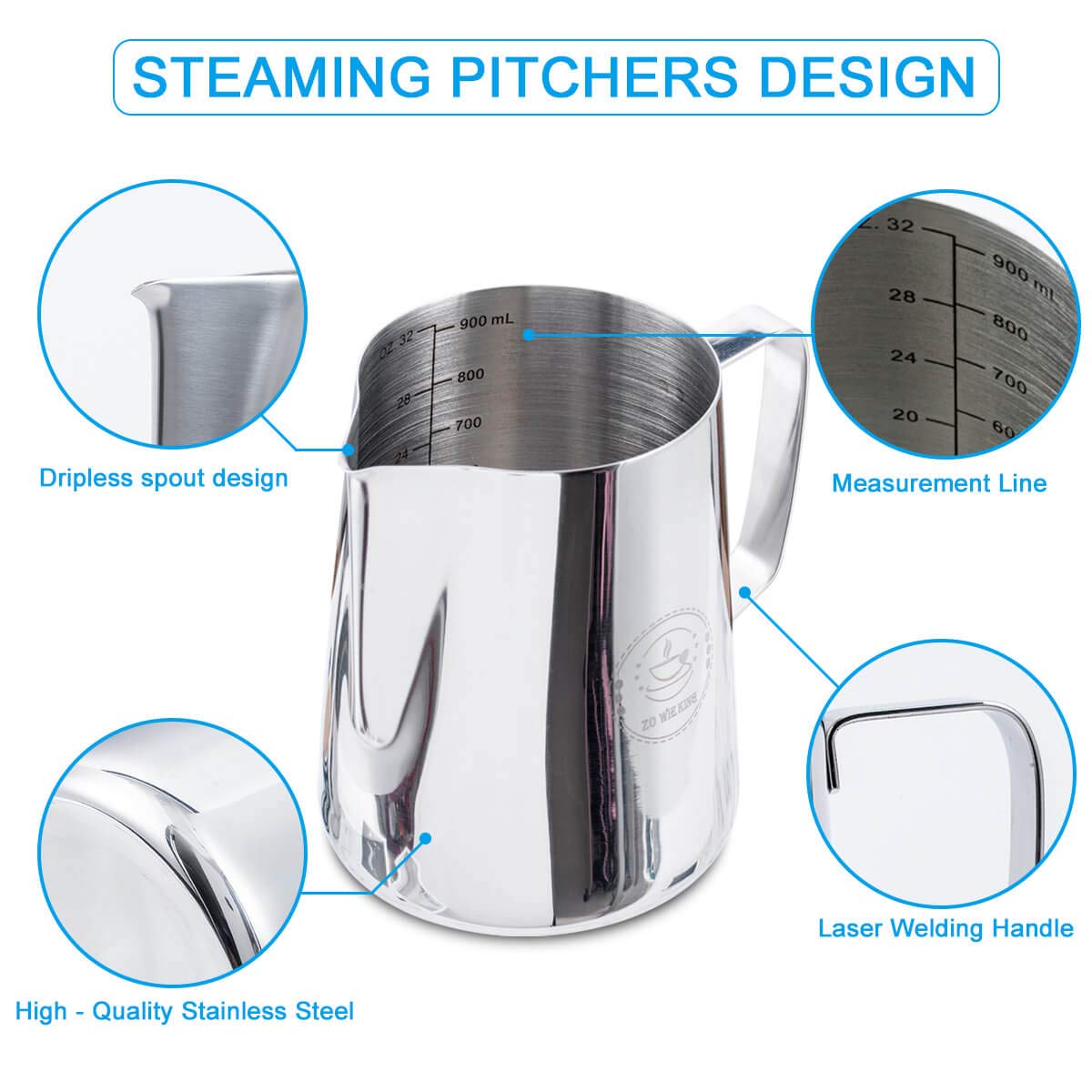 32oz Milk Frothing Pitcher for Coffee Shops, Large Stainless Steel Cup